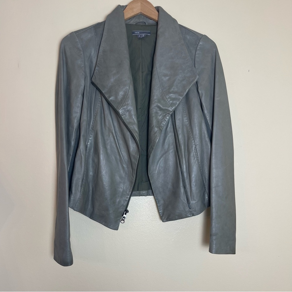 Vince Women’s Genuine Leather Jacket S Funnel Neck Olive Green Minimalist Chic - Picture 7 of 15